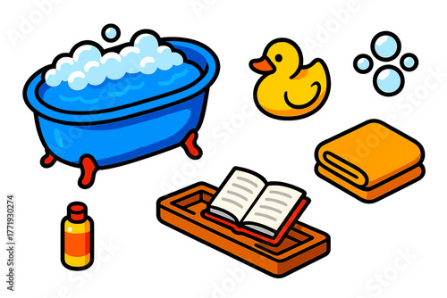 Relaxing Bath Essentials. Isometric vector illustration set Relaxing Bath Ritual: deep bathtub, rubber duck, cluster of bubbles,