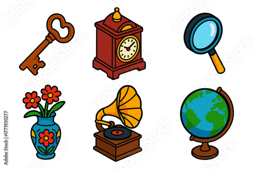 Vibrant Antique Icons. Isometric vector illustration set Antique Market: rusty key, decorative mantel clock, magnifying glass,
