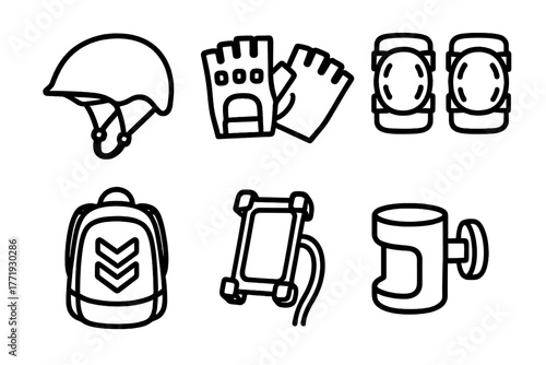 Micro-Mobility Gear Icons. Line style icons of Micro-Mobility Accessories: safety helmet, fingerless gloves, knee and elbow pads,