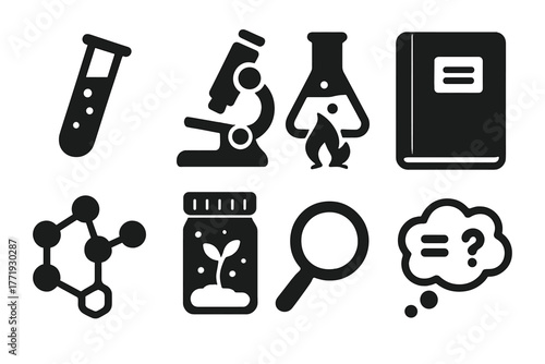 Scientific Discovery Icons. Solid style icons of scientific discovery tools: Test Tube in Liquid, Microscope Icon, Flask Over Fire