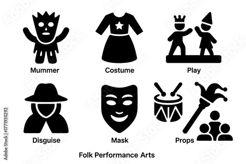 Folk Performance Icons. Solid style icons of Folk Performance Arts: Mumming, Costume, Play, Disguise, Mask, Props, Stage, Audience