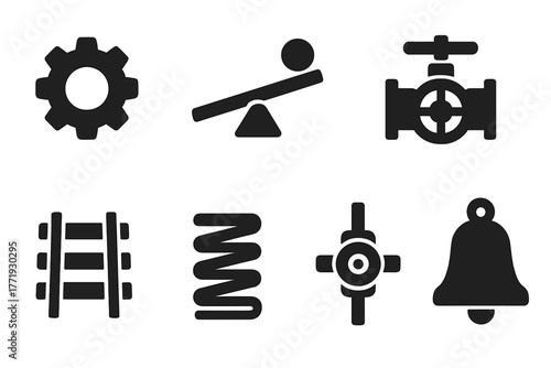 Mechanical Model Icons. Solid style icons of common model types: Spinning Gear, Lever System, Pulley Rig, Valve Mechanism, Track