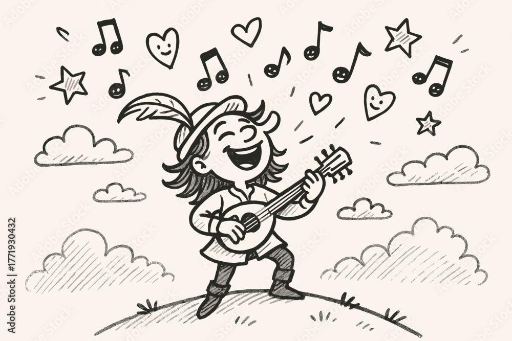Fototapeta premium Joyful Bard's Melody. A doodle of a joyful bard standing on a hill, singing with hwyl, while smiling musical notes, hearts, and