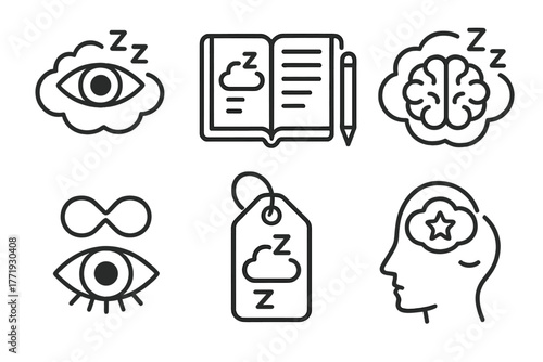 Sleep Therapy Icons. Line style icons of sleep therapy: dream analysis, dream journal icon, sleeping brain cloud, subconscious