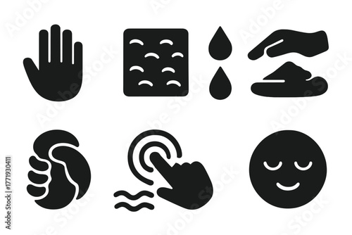 Sensory Icons Collection. Solid style icons of sensory exploration: Open Palm, Tactile Texture, Slow Drip, Soft Pressure, Squish