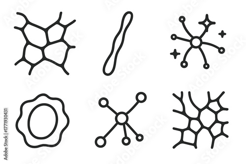 Dark Matter Icons. Line style icons of dark matter: cosmic web, matter filament icon, galaxy cluster node, void space symbol,