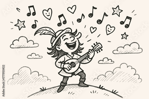 Joyful Bard's Melody. A doodle of a joyful bard standing on a hill, singing with hwyl, while smiling musical notes, hearts, and
