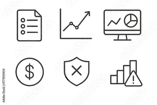 Angel Investment Icons. Line style icons of Angel Portfolio Management: Startup list file, performance tracking chart, investment