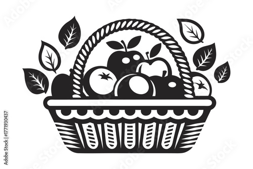 Woven basket filled with fresh apples and oranges surrounded by green leaves