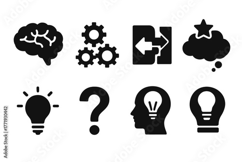 Cognitive Puzzle Icons. Solid style icons of Cognitive Puzzle: Brain, Gears, Paradox, Imagination, Light Bulb, Question Mark, Idea