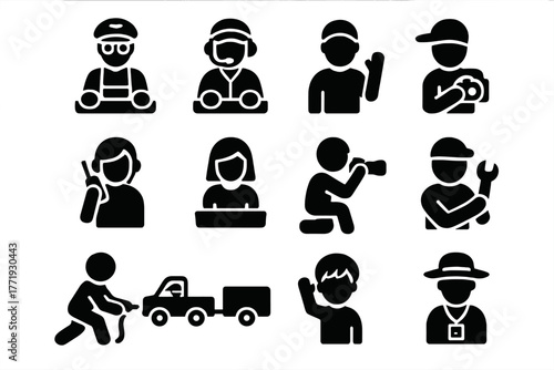 Balloon Crew Icons. Solid style icons of balloon crew: pilot, co-pilot, ground crew, radio operator, passenger, photographer,