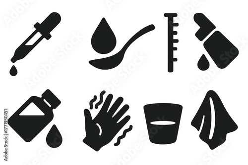 Laudanum Administration Icons. Solid style icons of laudanum administration: Glass Dropper, Droplet Falling, Spoon with Tincture,
