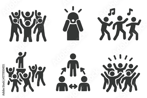 Flash Mob Icons. Solid style icons of Crowd Dance Gathering: Flash Mob, Surprise, Dance, Public Place, Coordination, Group,