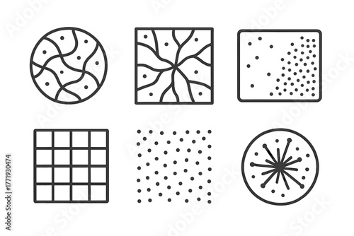 Dark Matter Icons. Line style icons of dark matter: simulation result icon, cosmological model output, particle evolution frame,