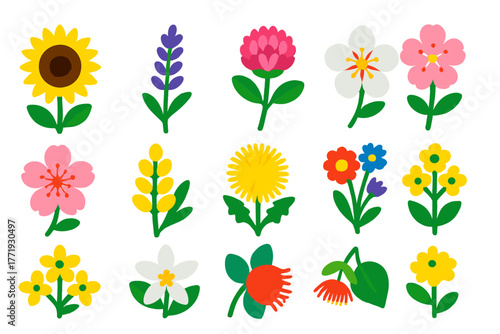 Vibrant Flower Icons. Flat vector icons of flowers for nectar: sunflower head, lavender sprig, clover blossom, apple flower,