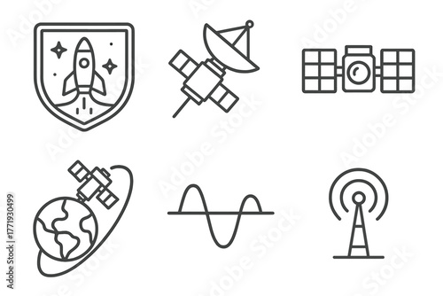 Astrophysics Icon Set. Line style icons of astrophysics: space mission patch, deep space probe, satellite sensor, space lab orbit,