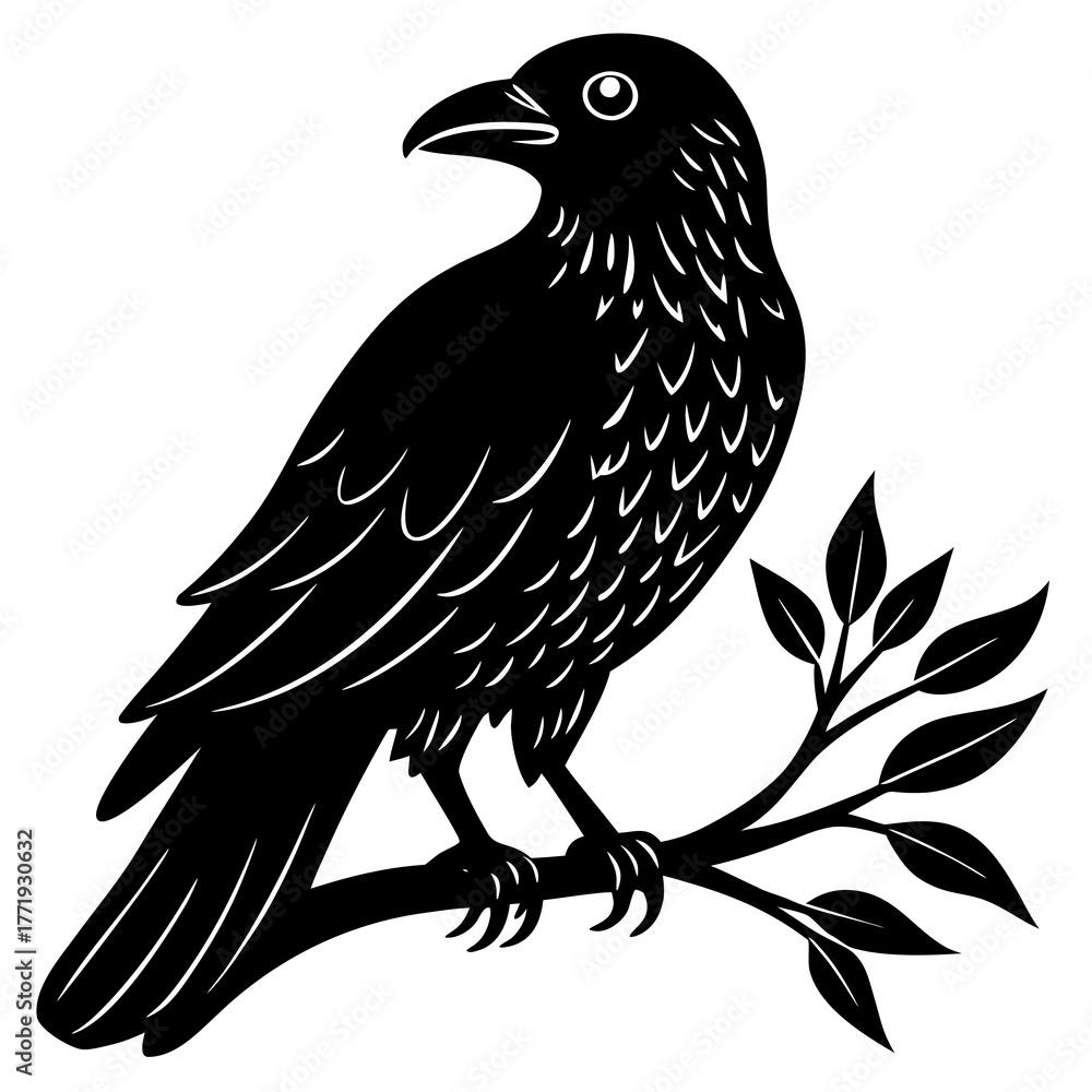 Fototapeta premium Stylized black bird perched on a branch with leaves in silhouette