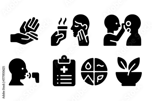 Early Diagnostic Icons. Solid style icons of early diagnostic methods: Pulse Reading, Urine Smell, Skin Touch, Eye Inspection,