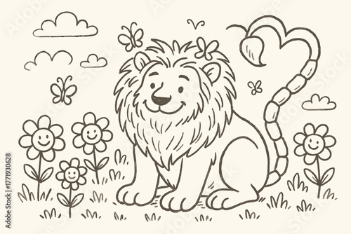 Friendly Manticore Meadow. A doodle scene of a friendly manticore sitting in a meadow, surrounded by smiling flowers, butterflies