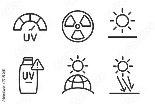 Meteorology Icons Line Art. Line style icons of meteorology: UV index chart, radiation hazard, sun exposure level, sunscreen