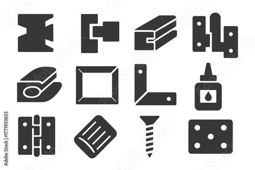 Joinery Icons Collection. Solid style icons of joinery elements: dovetail joint, mortise and tenon, tongue and groove, dowel joint