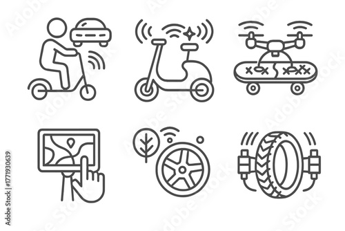 Micro-Mobility Innovations Icons. Line style icons of Micro-Mobility Innovation Concepts: AI traffic-aware ride, self-driving