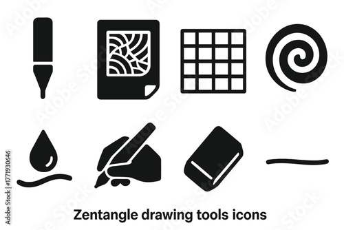 Zentangle Drawing Tools Icons. Solid style icons of zentangle drawing tools: Fine Tip Pen, Sketchbook Page, Guideline Grid, Spiral