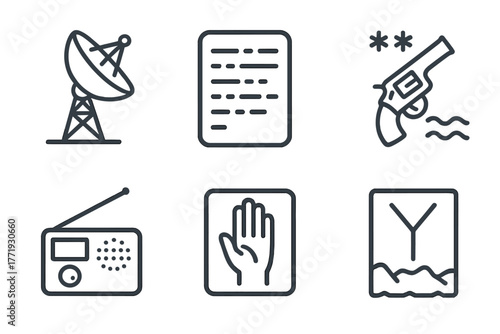 Arctic Communication Icons. Line style icons of Communication in Arctic Conditions: long-range antenna, Morse code sheet, flare