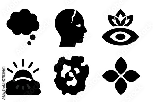 Emerging Conscious Icons. Solid style icons of unconscious content surfacing: Rising Thought Bubble, Cracked Mind Shell, Eye
