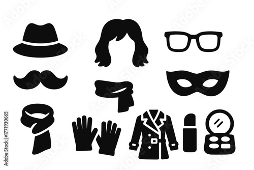 Agent Disguise Icons. Solid style icons of agent disguises: hat, mustache, wig, glasses, mask, scarf, gloves, fake ID, trench coat