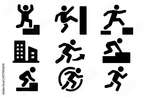 Urban Parkour Icons. Solid style icons of Extreme Urban Sport: Parkour, Wall Run, Precision Jump, Urban Environment, Flow, Vault,