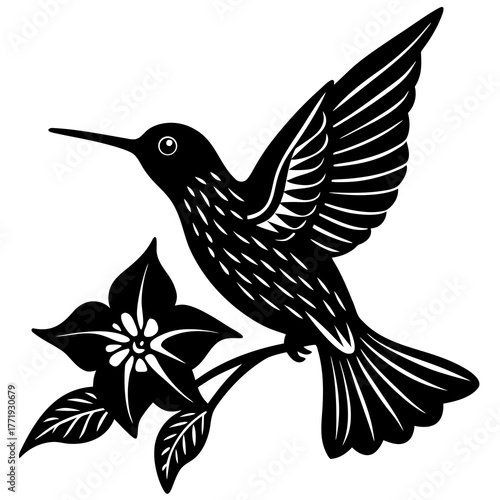 Elegant black silhouette of a hummingbird hovering near a delicate flower silhouette design