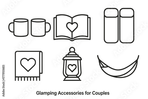 Glamping Essentials Icons. Line style icons of Glamping Accessories for Couples: two mugs, shared book, dual sleeping pad, heart