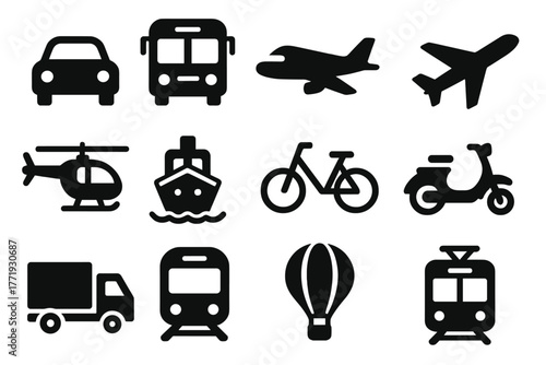 Transportation Icon Set. Solid style icons of transportation vehicles: car, bus, train, airplane, helicopter, ship, bicycle,