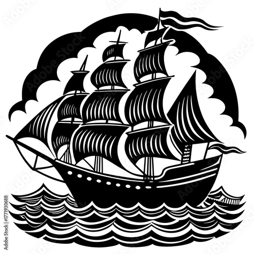 Black silhouette of a majestic tall ship sailing through wavy seas