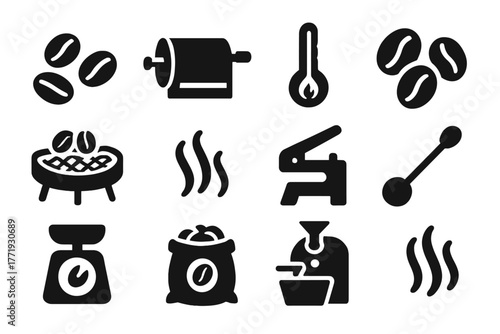 Coffee Roasting Icons. Solid style icons of roasting process: green beans, roasting drum, heat gauge, roasted beans, cooling tray,