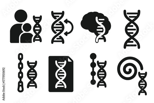 Epigenetic Icons Collection. Solid style icons of inherited epigenetic traits: Parent and Child DNA, Transgenerational Arrows,