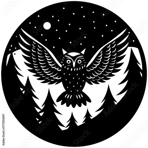 Majestic owl spreading wings over dark forest under starry night sky silhouette design