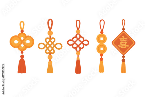 Collection of decorative Chinese knots and charms in red and gold colors, festive flat vector design.