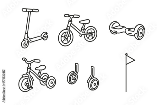 Kids' Micro-Mobility Icons. Line style icons of Kids’ Micro-Mobility Devices: three-wheel scooter, mini pedal bike, child