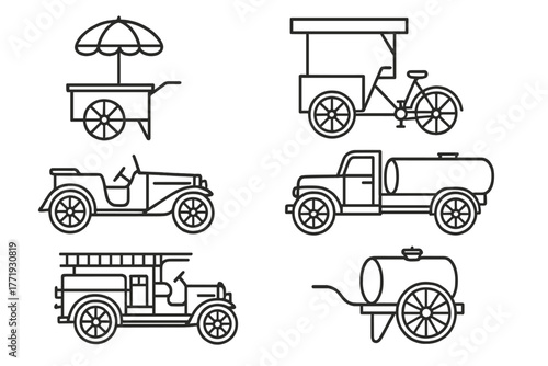 Vintage Streetscape Vehicles. Line style icons of 1900s Streetscape Vehicles: pushcart, street vendor trike, open-top car, fuel