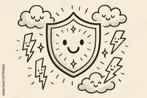 Joyful Shield Scene. A doodle of a smiling aegis shield glowing with stars, surrounded by cheerful clouds and happy lightning