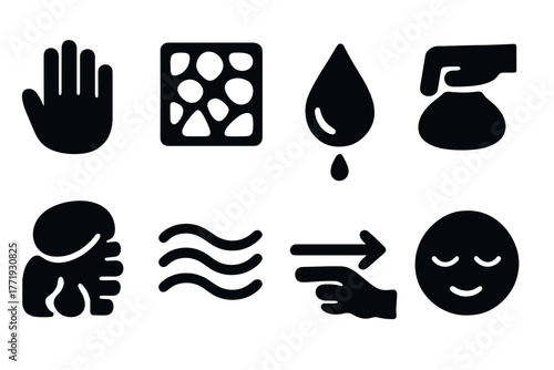 Sensory Icons Collection. Solid style icons of sensory exploration: Open Palm, Tactile Texture, Slow Drip, Soft Pressure, Squish