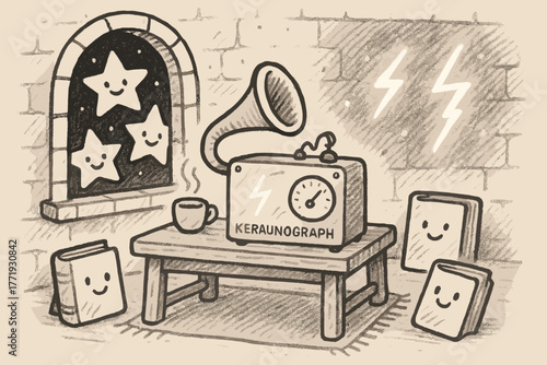 Cozy Observatory Doodle. A doodle of a cozy observatory where a keraunograph sits on a table, with happy stars peeking through the