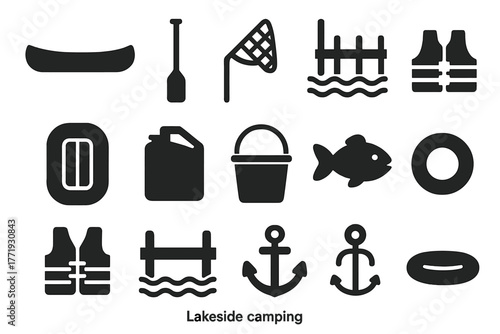 Lakeside Camping Icons. Solid style icons of lakeside camping: canoe, paddle, fishing net, dock, inflatable raft, water jug,