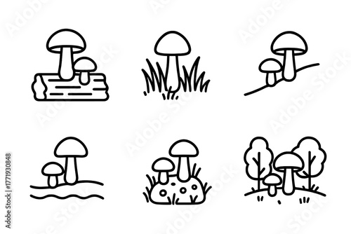 Mushroom Habitat Icons. Line style icons of mushroom habitats: rotting wood, grassy meadow, hillside, riverbank, mossy rock,