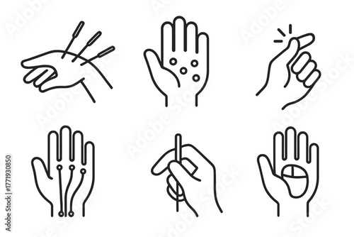 Acupuncture Hand Icons. Line style icons of acupuncture: hand acupuncture, palm with point symbols, finger tip stimulation, wrist