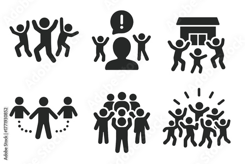 Flash Mob Icons. Solid style icons of Crowd Dance Gathering: Flash Mob, Surprise, Dance, Public Place, Coordination, Group,