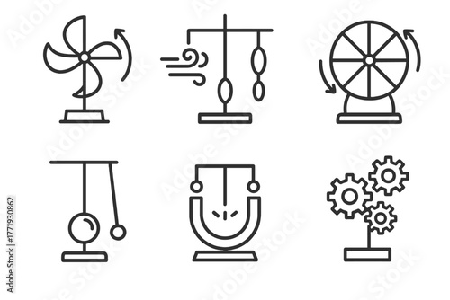 Kinetic Art Icons. Line style icons of Kinetic Art Basics: rotating sculpture, wind-powered mobile, spinning wheel design,