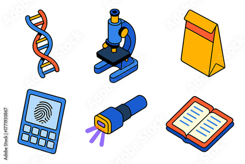 Forensic Evidence Icons. Isometric vector illustration set Evidence Analysis: genetic DNA helix, lab microscope, paper evidence